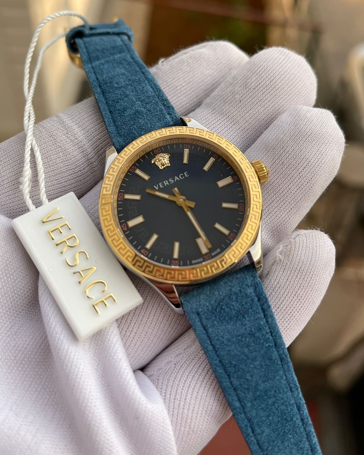 Versace Mavi Kordon Gold Kasa Siyah Kadran Bayan Kol Saati L-822